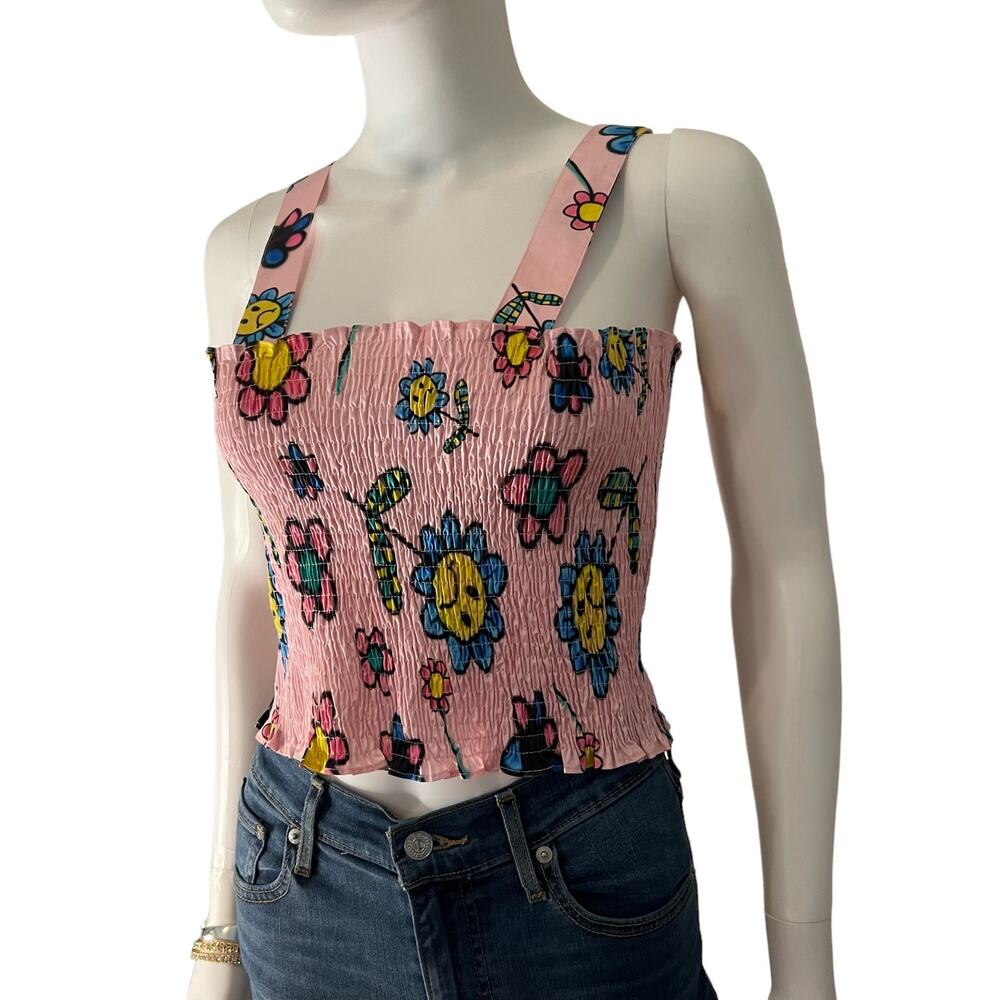 Lazy Oaf Pink Cropped Airbrush Flowers Shirred Tank Top, US 4 - Picture 2 of 7